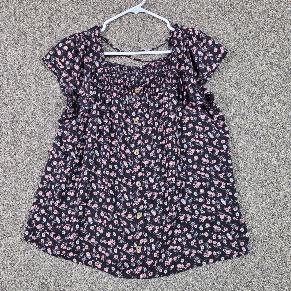 No Boundaries Floral Blouse Women XL Black Smocked Square Neck Button Front Top
